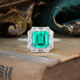 2.5CT Radiant Cut Emerald Engagement Ring Pave Halo Bridal Ring